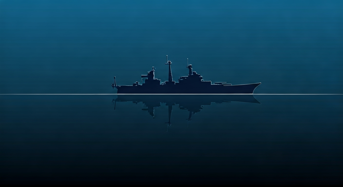 Representación simbólica del despliegue naval estadounidense en el Caribe con un estilo visual periodístico. ```