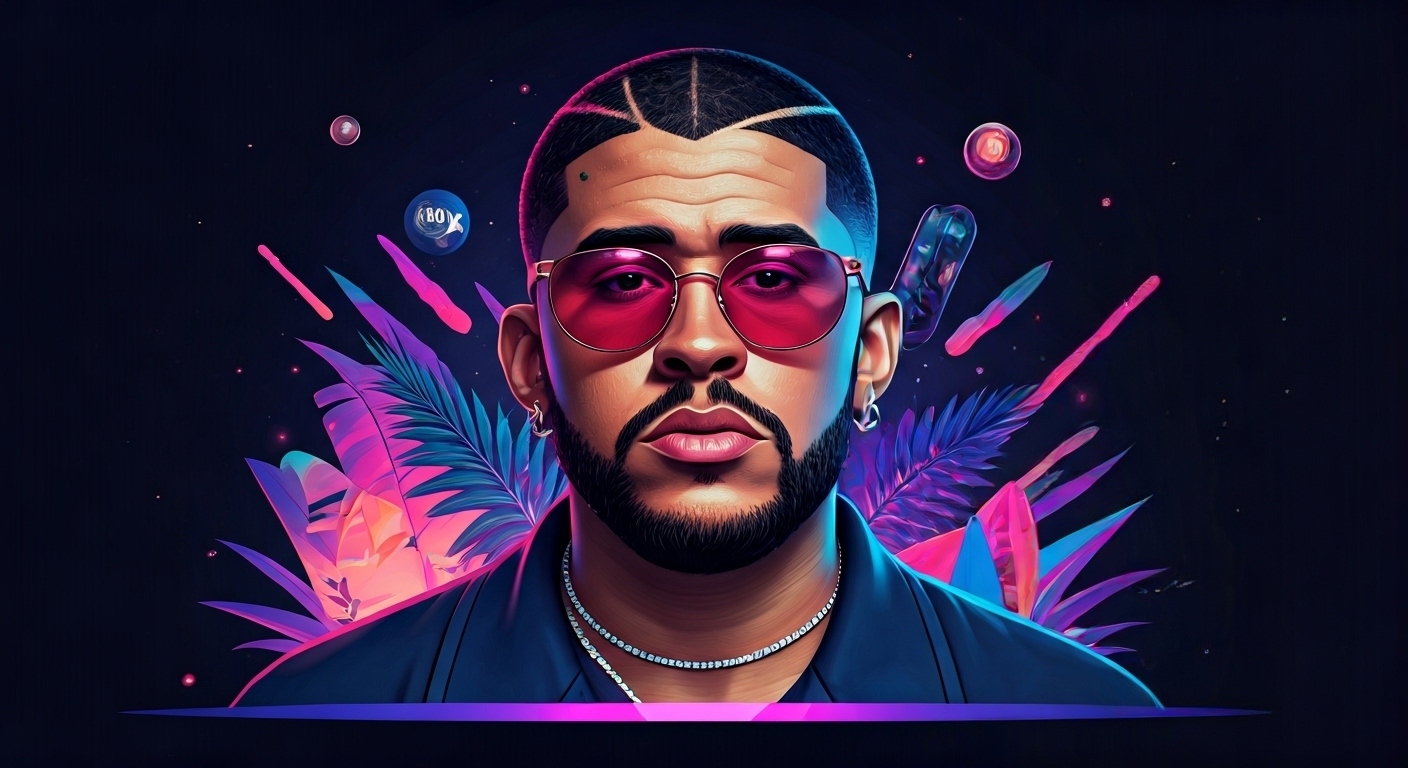 Representación simbólica del impacto cultural y económico de Bad Bunny en Puerto Rico, con elementos visuales que evocan música y turismo.