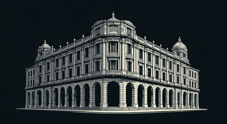 Representación simbólica del Casino de Santa Fe en La Habana, destacando su arquitectura en ruinas y la historia de lujo y contrabando, con un estilo visual periodístico.