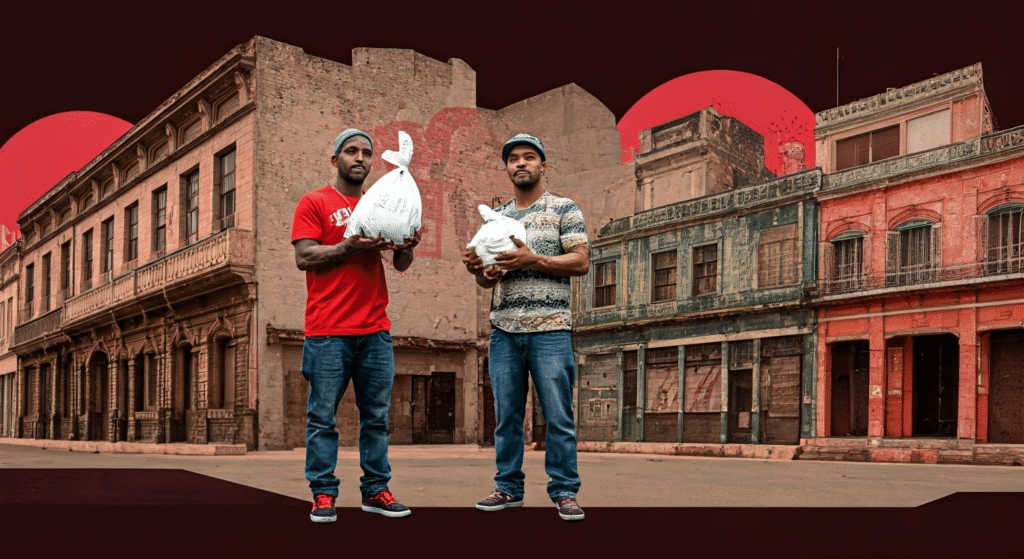 Composición visual que representa a dos artistas urbanos realizando un acto de generosidad en Cuba, con elementos simbólicos de apoyo y esperanza, estilo gráfico moderno.