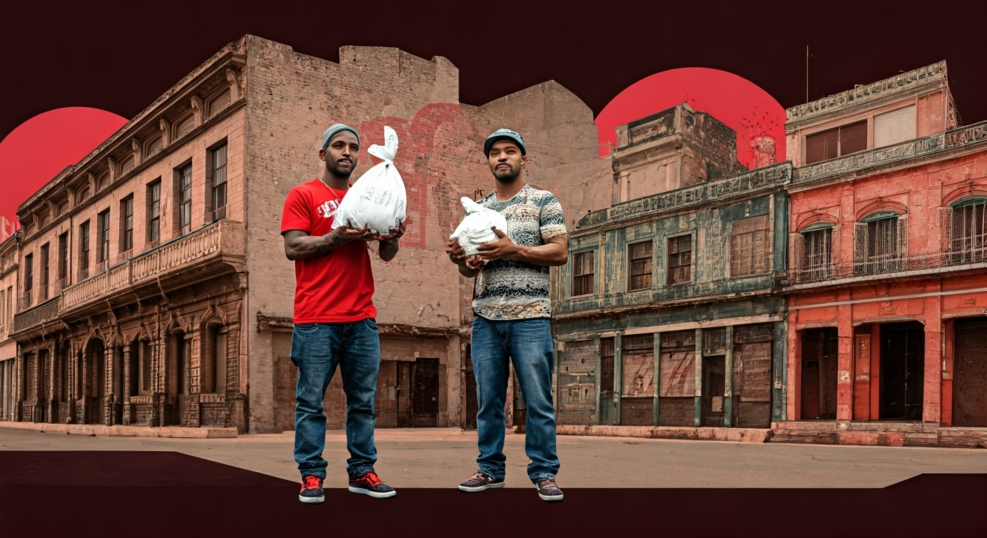 Composición visual que representa a dos artistas urbanos realizando un acto de generosidad en Cuba, con elementos simbólicos de apoyo y esperanza, estilo gráfico moderno.