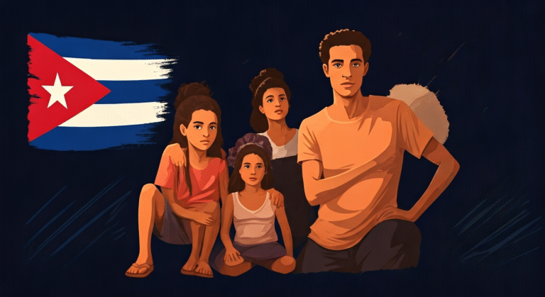 Representación simbólica de la emigración familiar cubana a España con estilo visual periodístico.