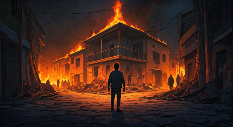 Concepto visual sobre la pérdida material y la necesidad de ayuda comunitaria tras un incendio, enfocado en la reconstrucción y solidaridad, con un estilo gráfico que evoca esperanza.
