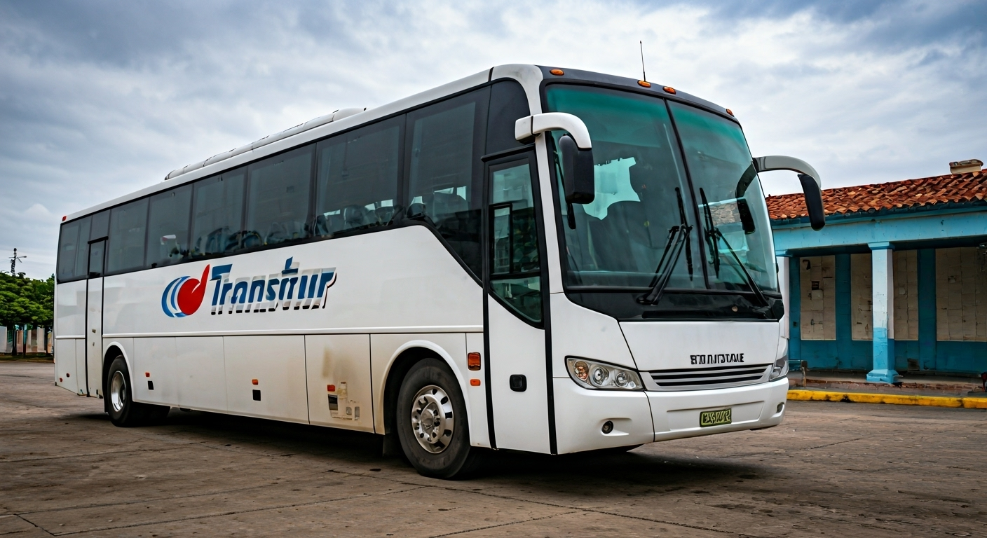 Fotografía de alta calidad de un ómnibus de la empresa Transtur en Cuba, con el logo visible, estacionado en una parada. El cielo está nublado y el ambiente sugiere la rutina del transporte público. Estilo documental y realista.