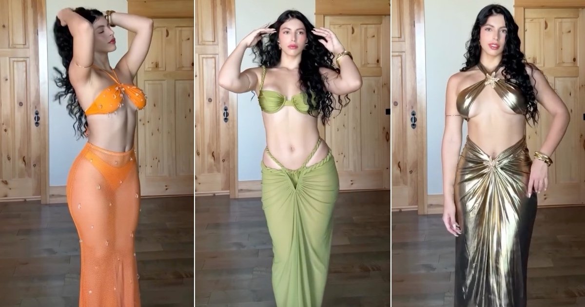 Rachel Arderi posando con su cabello rizado y un vestido beige, mostrando el look que generó revuelo en Instagram.