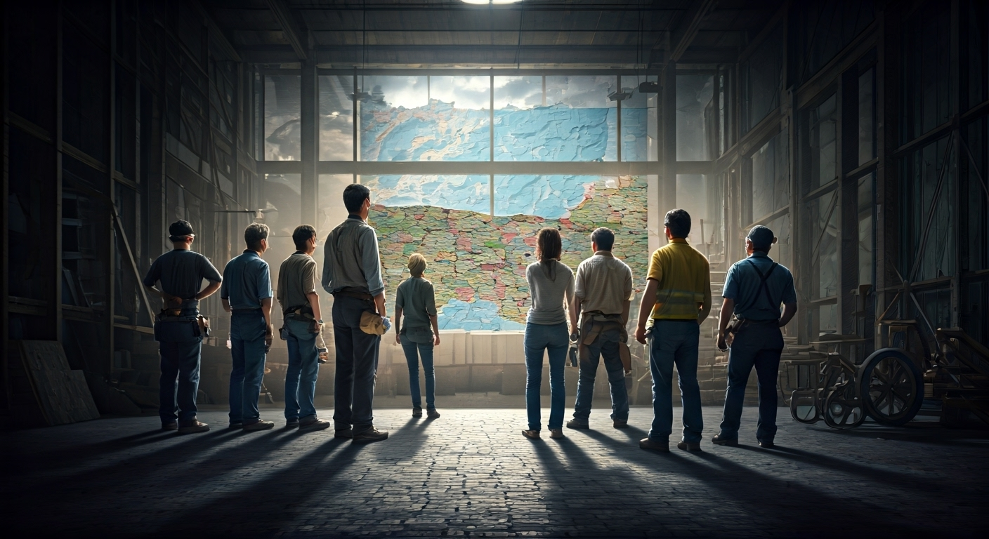 Fotografía fotorrealista de un grupo diverso de personas, incluyendo carpinteros, electricistas y entrenadores, con herramientas de su oficio, mirando un mapa de España con esperanza y determinación. Iluminación brillante y detalles nítidos.