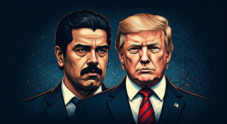 Argentina Declara Terrorista al Cártel de los Soles Ilustración editorial de Javier Milei y Donald Trump, representando la creciente alianza contra el narcotráfico y el régimen de Nicolás Maduro en América Latina, con un estilo de arte digital periodístico.