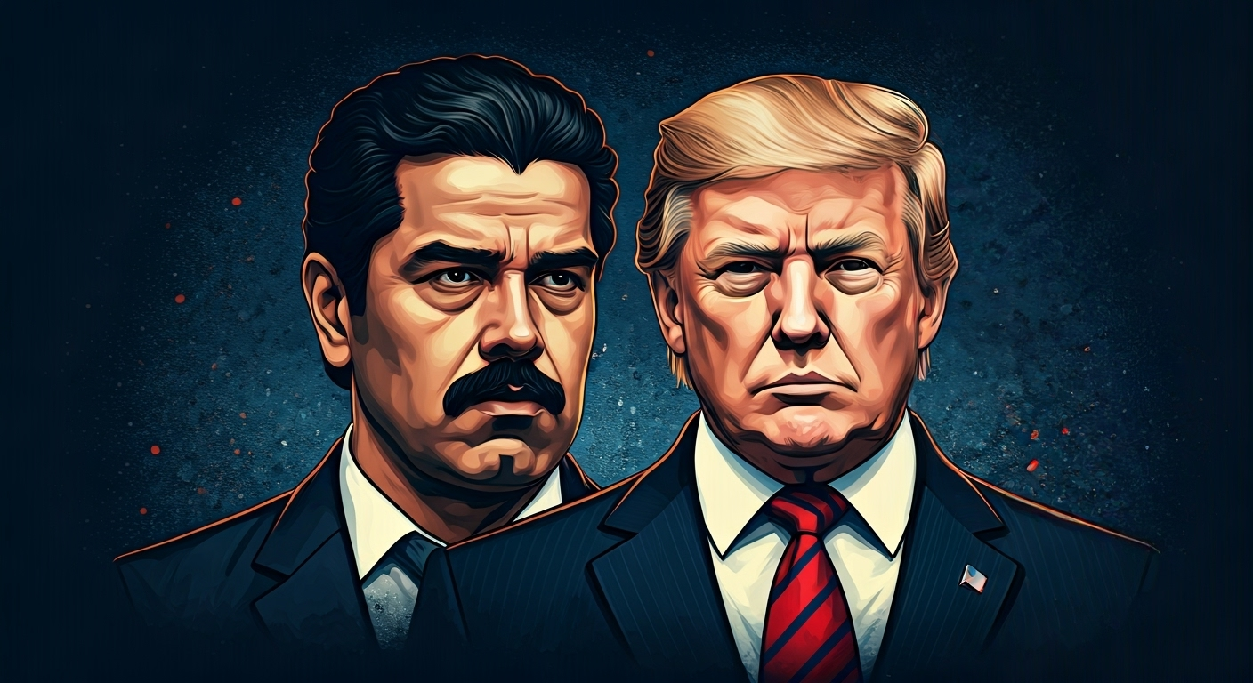 Ilustración editorial de Javier Milei y Donald Trump, representando la creciente alianza contra el narcotráfico y el régimen de Nicolás Maduro en América Latina, con un estilo de arte digital periodístico.