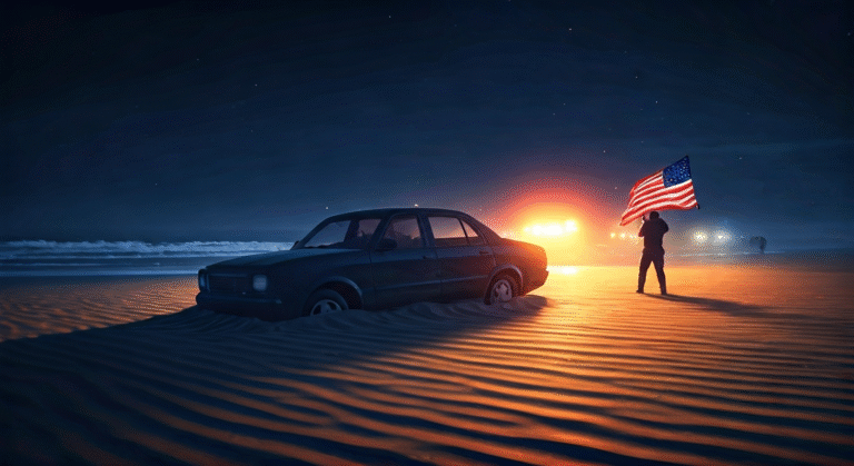 Cubano Arrestado en Playa de Miami Tras Persecución Insólita Ilustración editorial de un coche negro atascado en la arena de una playa, con luces de policía destellando en la distancia y un hombre agitando una bandera estadounidense desde el interior, con un estilo de arte digital periodístico.