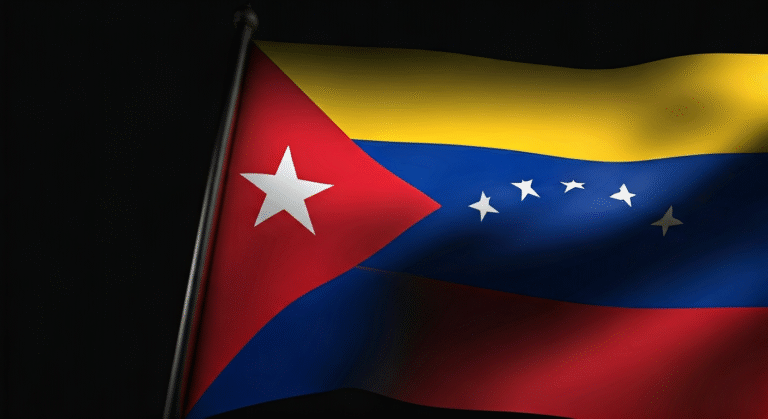 Representación simbólica de la diplomacia entre Cuba y Venezuela con un enfoque en las dinámicas familiares en la política, utilizando un estilo visual periodístico. ```