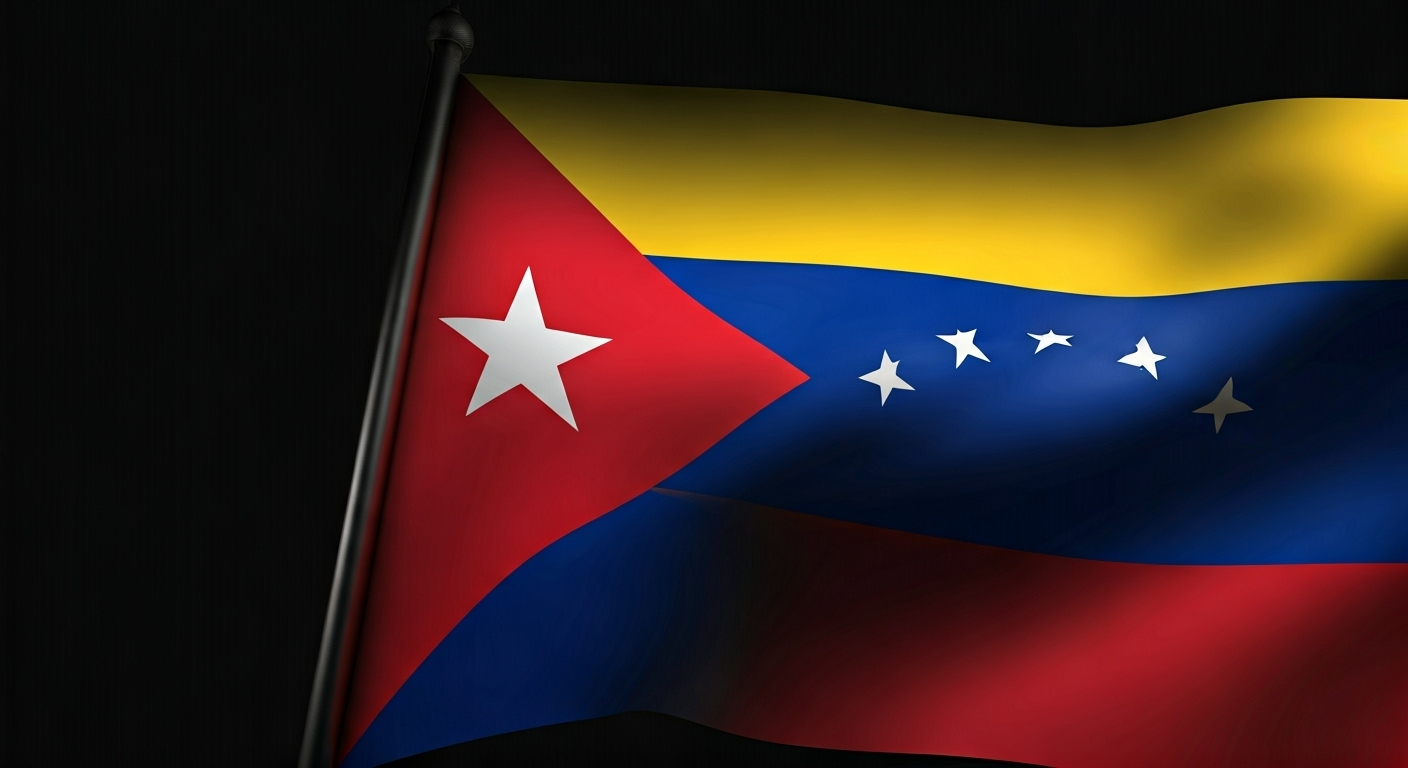 Representación simbólica de la diplomacia entre Cuba y Venezuela con un enfoque en las dinámicas familiares en la política, utilizando un estilo visual periodístico. ```