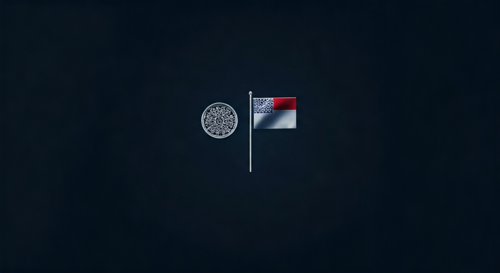 Representación simbólica de la política migratoria estadounidense bajo la era Trump, con un enfoque en la seguridad fronteriza y los procesos de inmigración. ```