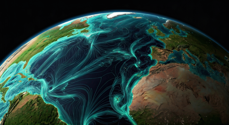 Imagen de satélite del Atlántico mostrando la trayectoria de sistemas ciclónicos y la costa de África.