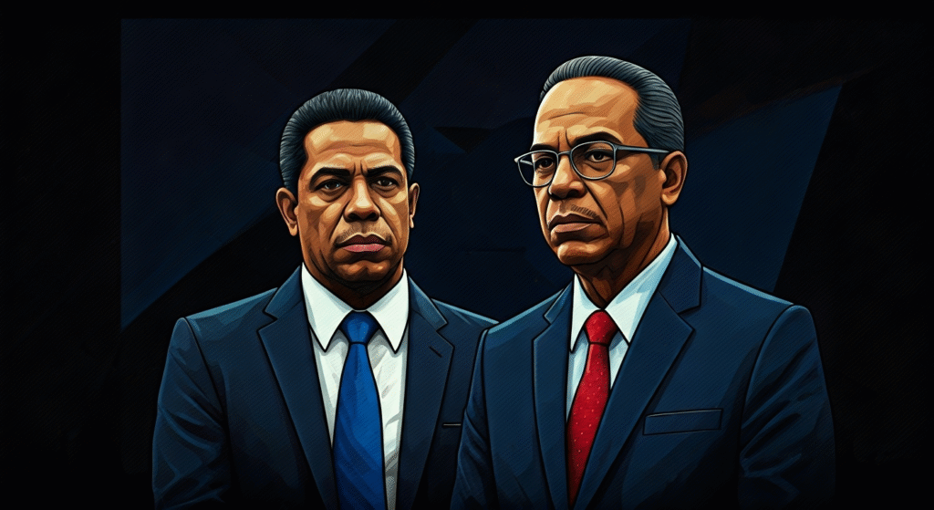 Ilustración editorial de funcionarios de la OPS y el ministro cubano de Salud, con elementos gráficos que insinúan transacciones financieras en la sombra, con un estilo de arte digital periodístico.