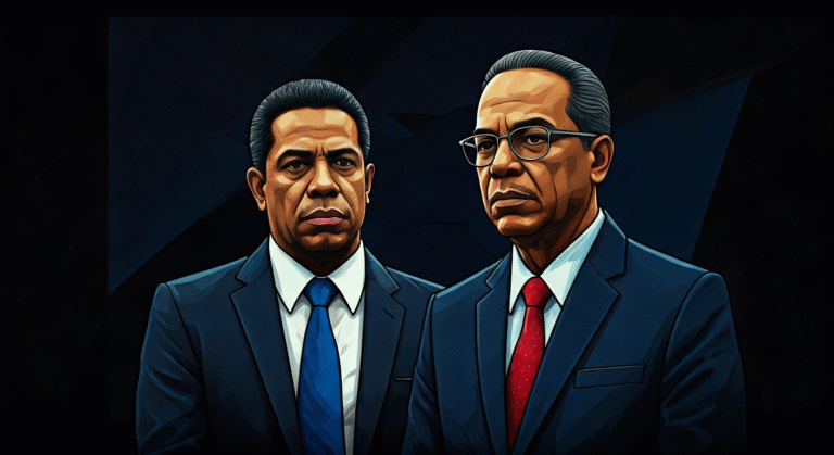 Ilustración editorial de funcionarios de la OPS y el ministro cubano de Salud, con elementos gráficos que insinúan transacciones financieras en la sombra, con un estilo de arte digital periodístico.