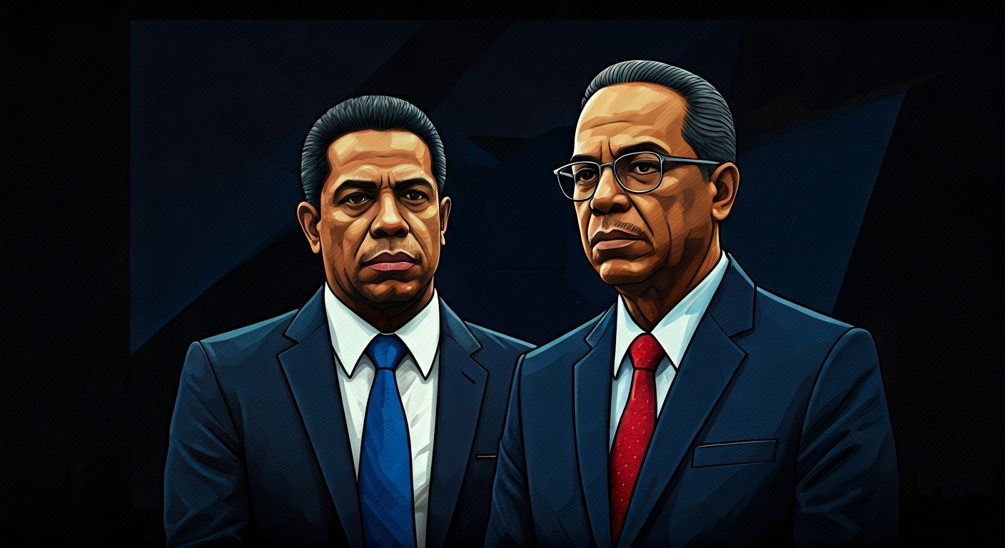 Ilustración editorial de funcionarios de la OPS y el ministro cubano de Salud, con elementos gráficos que insinúan transacciones financieras en la sombra, con un estilo de arte digital periodístico.