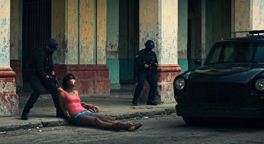 Fotografía conceptual y realista de una mujer cubana siendo arrestada por la policía, con una patrulla al fondo, en un barrio de La Habana. Estilo cinematográfico, alta definición.