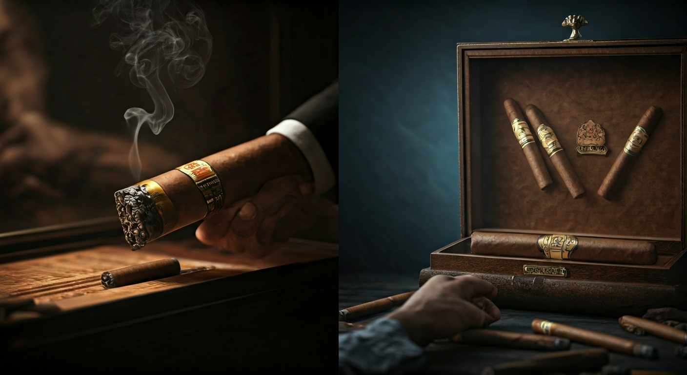 Fotografía conceptual y realista de puros Cohíba de lujo elegantemente presentados en una vitrina y, en contraste, manos de cubanos buscando desesperadamente cigarrillos en un estante vacío. Estilo cinematográfico, alta definición.