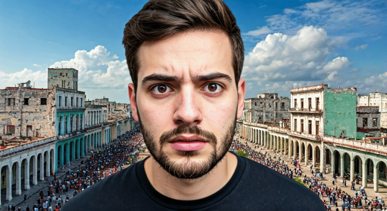 Fotografía fotorrealista de Claux.7, un youtuber chileno, con un rostro de asombro y preocupación, superpuesto sobre una imagen de La Habana con edificios en ruinas y largas filas para alimentos, simbolizando la Crisis en Cuba. Estilo cinematográfico, alta definición, capturando el contraste de la realidad.