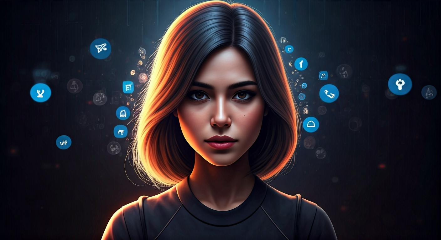 Concepto visual que ilustra a Milenita en un entorno digital, rodeada de iconos de redes sociales y símbolos de valor monetario, con un estilo de arte gráfico moderno y tecnológico.