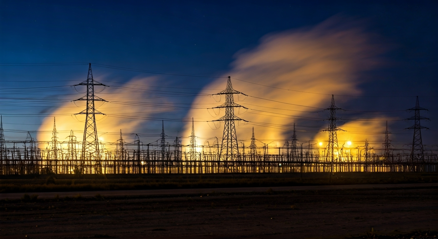 Fotografía de alta calidad de un complejo de termoeléctricas cubanas al atardecer, con columnas de humo y luces parpadeantes, simbolizando la fragilidad de su infraestructura eléctrica. Estilo documental y realista.