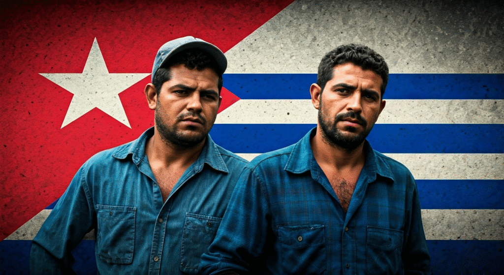 Composición visual que representa el tema de la migración laboral cubana a Uruguay, destacando el esfuerzo y las dificultades del proceso.