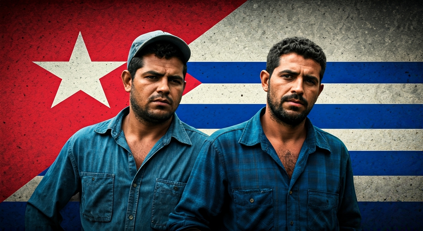 Composición visual que representa el tema de la migración laboral cubana a Uruguay, destacando el esfuerzo y las dificultades del proceso.