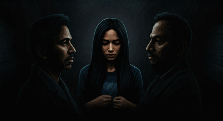 Representación simbólica de la inmigración y la justicia con estilo visual periodístico. ```