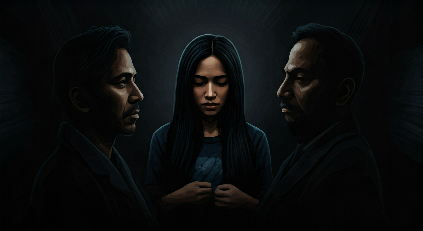 Representación simbólica de la inmigración y la justicia con estilo visual periodístico. ```