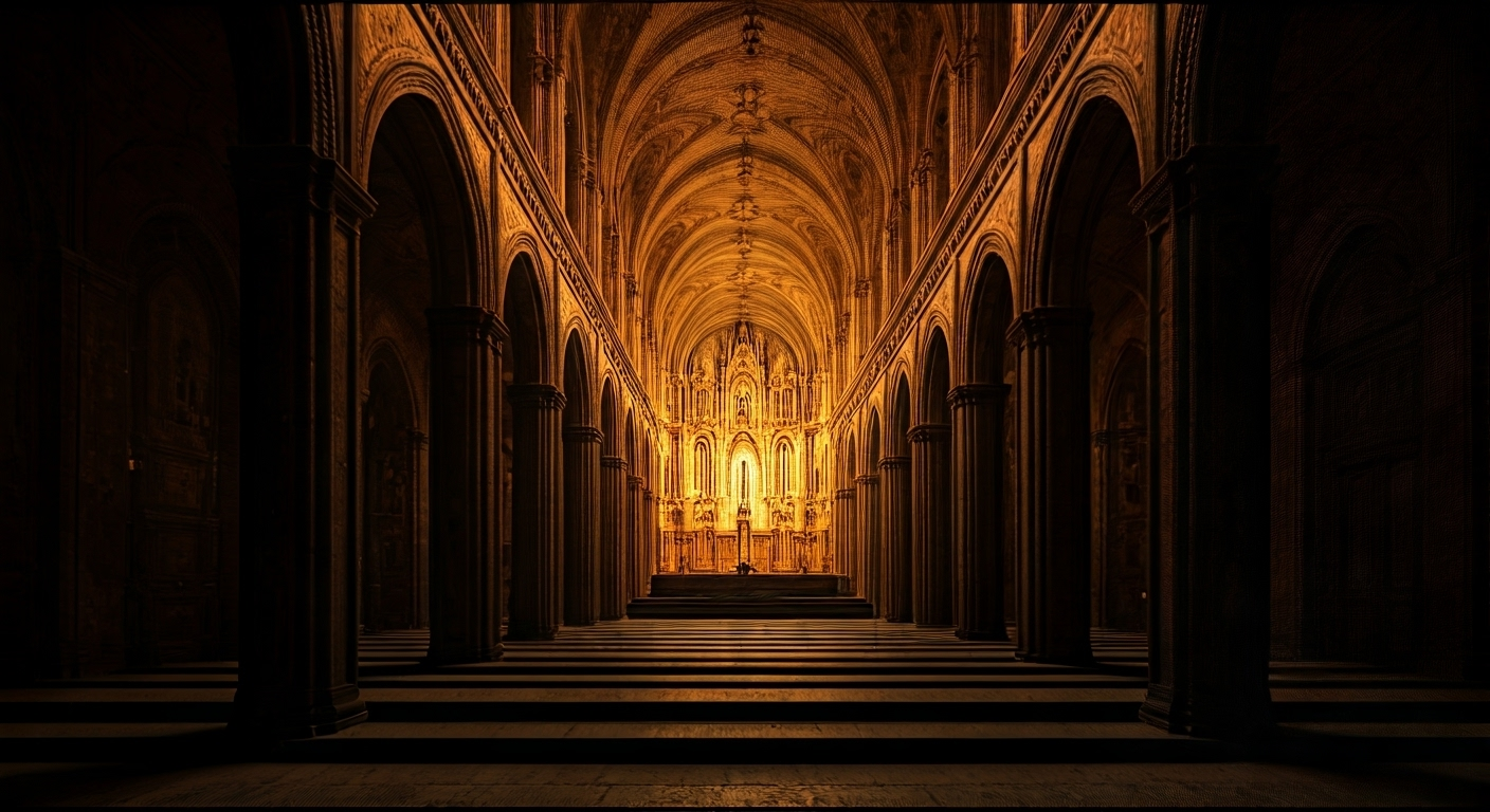 Representación simbólica de la profanación de espacios sagrados con estilo visual periodístico.