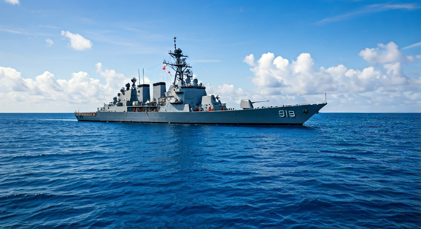 Representación simbólica de la tensión geopolítica en el Mar de China Meridional con buques de guerra estadounidenses y chinos, enfocado en la diplomacia naval y la estrategia de defensa. ```