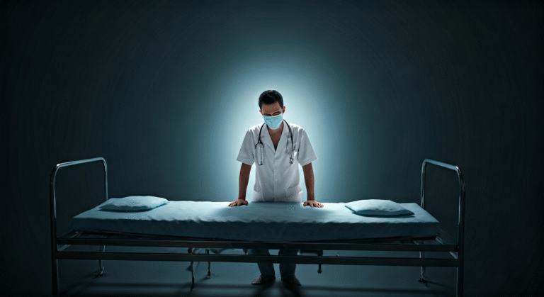 Representación simbólica de las deficiencias en la atención médica en Cuba, enfocada en la escasez de recursos y la espera de tratamientos.