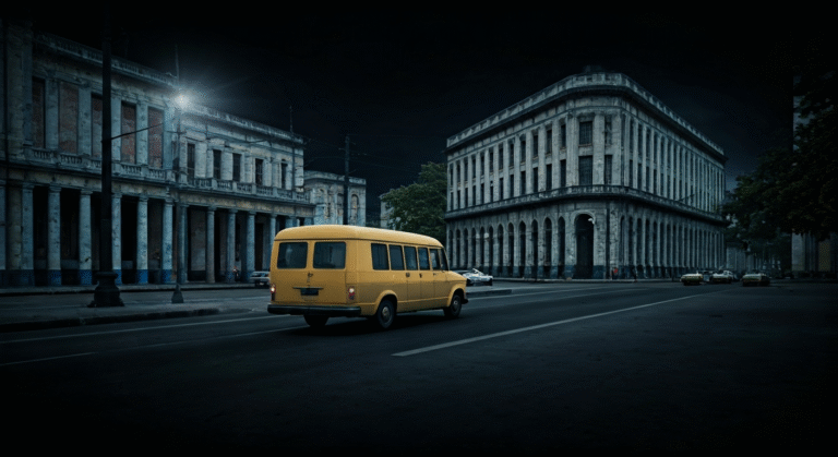 Representación simbólica de la crisis del transporte público en La Habana con estilo visual periodístico.