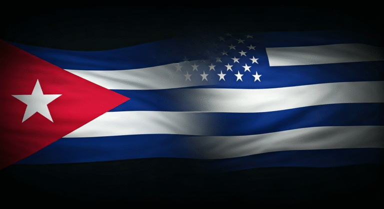 Fotografía conceptual y realista de las banderas de Cuba y Estados Unidos entrelazadas, simbolizando la compleja relación migratoria y política entre ambas naciones. Estilo cinematográfico, alta definición.