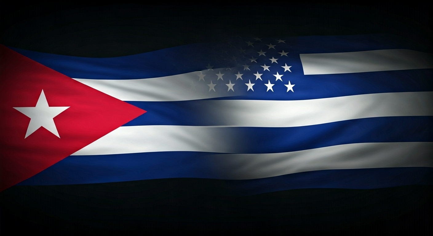 Fotografía conceptual y realista de las banderas de Cuba y Estados Unidos entrelazadas, simbolizando la compleja relación migratoria y política entre ambas naciones. Estilo cinematográfico, alta definición.