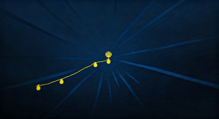 Representación simbólica del recorrido del Camino de Santiago con elementos que aluden a la política y la ley, utilizando un estilo visual periodístico. ```