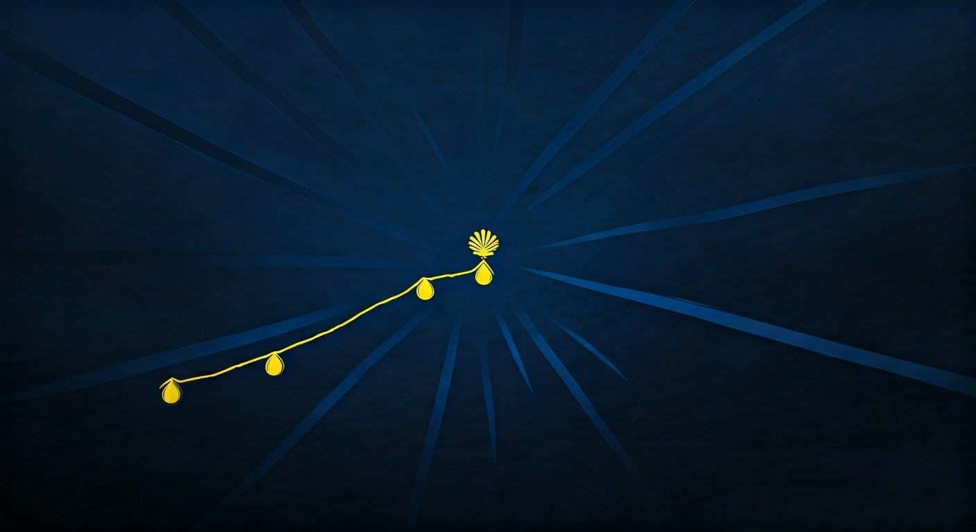 Representación simbólica del recorrido del Camino de Santiago con elementos que aluden a la política y la ley, utilizando un estilo visual periodístico. ```
