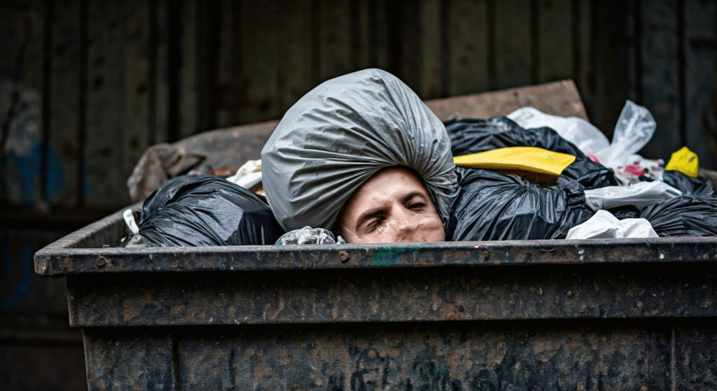 Fotografía fotorrealista de una cabeza humana en un contenedor de basura en Santiago de Cuba, con un ambiente sombrío y de alto contraste. Estilo documental y realista.