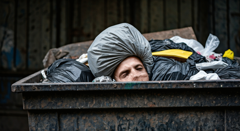 Fotografía fotorrealista de una cabeza humana en un contenedor de basura en Santiago de Cuba, con un ambiente sombrío y de alto contraste. Estilo documental y realista.