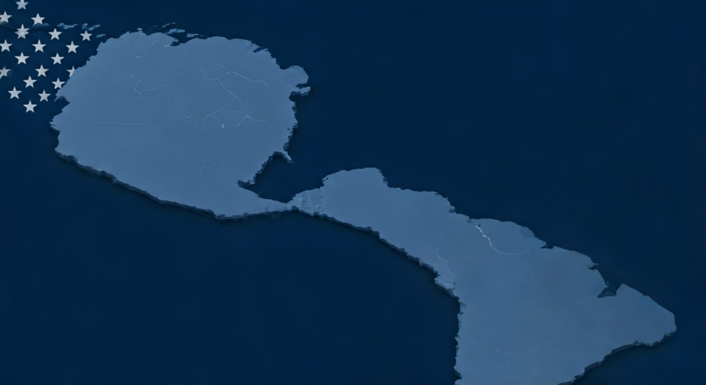 Representación simbólica de la presencia militar estadounidense en América Latina con énfasis en operaciones navales.