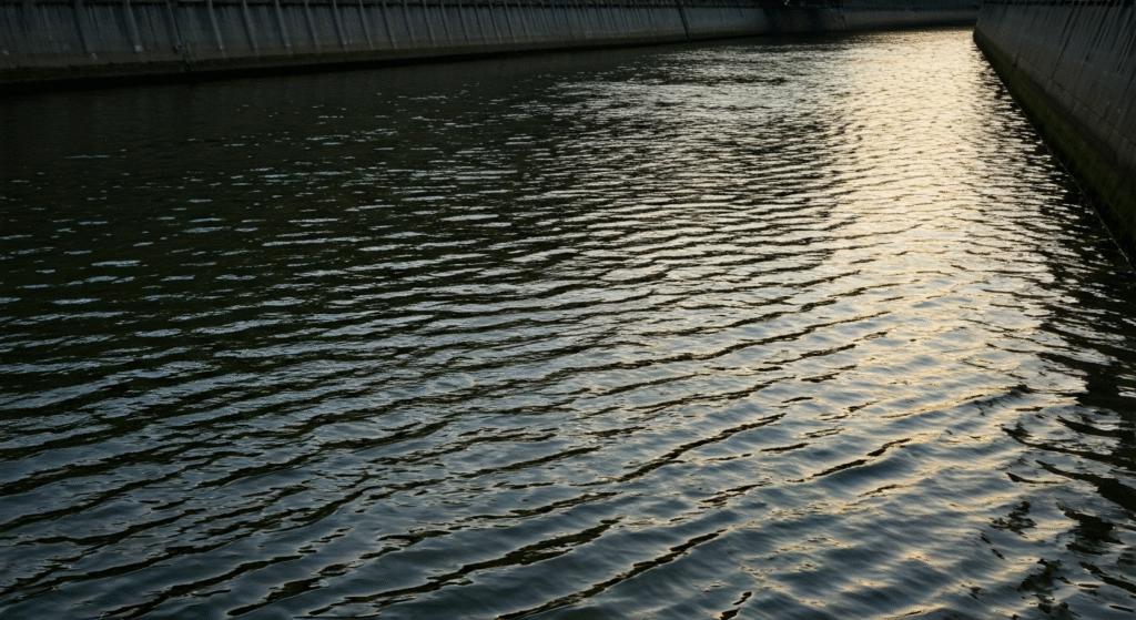 Representación simbólica de la degradación ambiental en un río urbano con estilo visual periodístico.