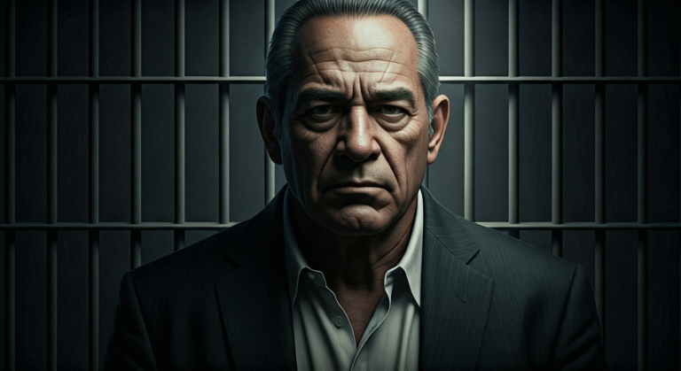 Fotografía conceptual y realista de Victor Tony Jones, un hombre de 64 años, con un semblante serio, en un entorno que sugiere una celda de prisión, bajo una luz tenue que resalta la gravedad de su situación. Estilo cinematográfico, alta definición.