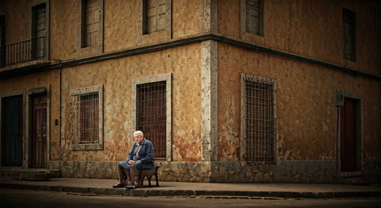 Representación simbólica de la precariedad económica y los sueños sencillos de los ancianos en Cuba, con estilo visual periodístico.