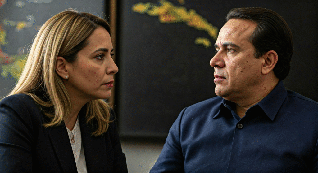 Fotografía conceptual y realista de María Elvira Salazar y Diosdado Cabello, con María Corina Machado en un segundo plano. La escena simboliza una confrontación verbal intensa sobre acusaciones de narcotráfico y la crisis en Venezuela, con mapas del Caribe de fondo. Estilo cinematográfico, alta definición.