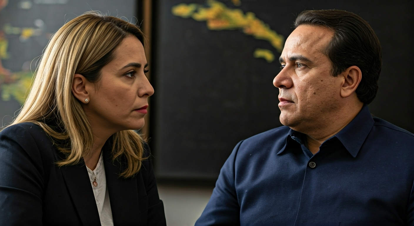 Fotografía conceptual y realista de María Elvira Salazar y Diosdado Cabello, con María Corina Machado en un segundo plano. La escena simboliza una confrontación verbal intensa sobre acusaciones de narcotráfico y la crisis en Venezuela, con mapas del Caribe de fondo. Estilo cinematográfico, alta definición.