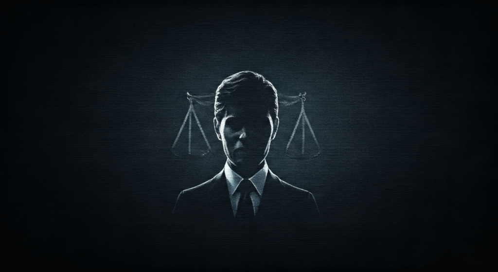 Representación simbólica de la justicia y la fama con estilo visual periodístico.