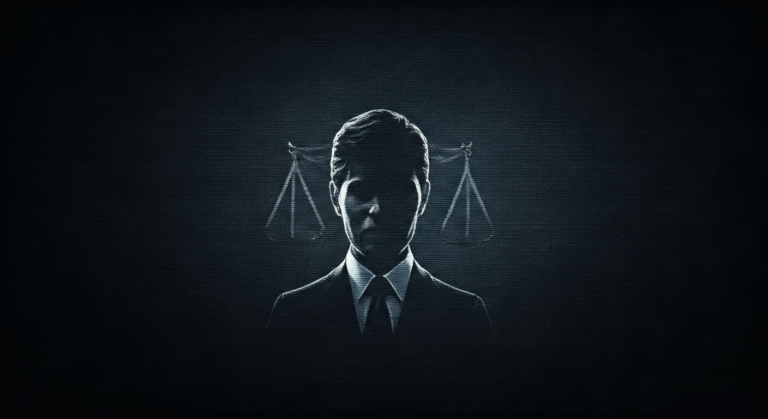 Representación simbólica de la justicia y la fama con estilo visual periodístico.