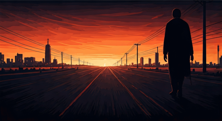 Representación simbólica de la migración irregular en la frontera con estilo visual periodístico.