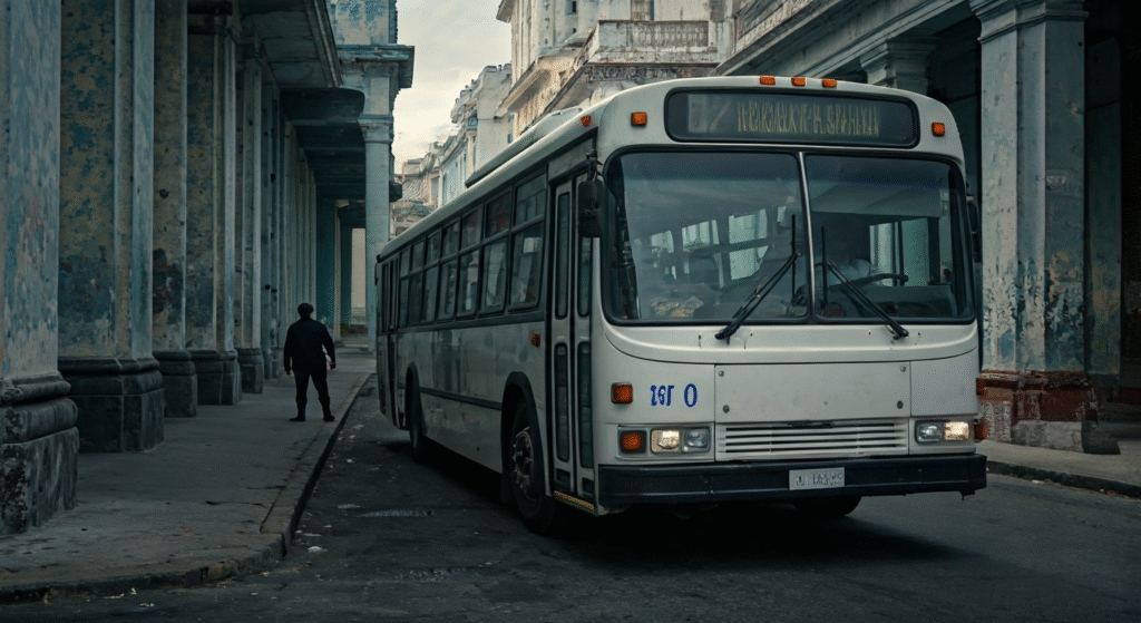 Fotografía conceptual y realista de un ómnibus público de La Habana lleno de pasajeros, con un conductor determinado llevando el autobús hacia una comisaría de policía visible en la distancia, simbolizando una acción drástica contra el robo. Estilo cinematográfico, alta definición.