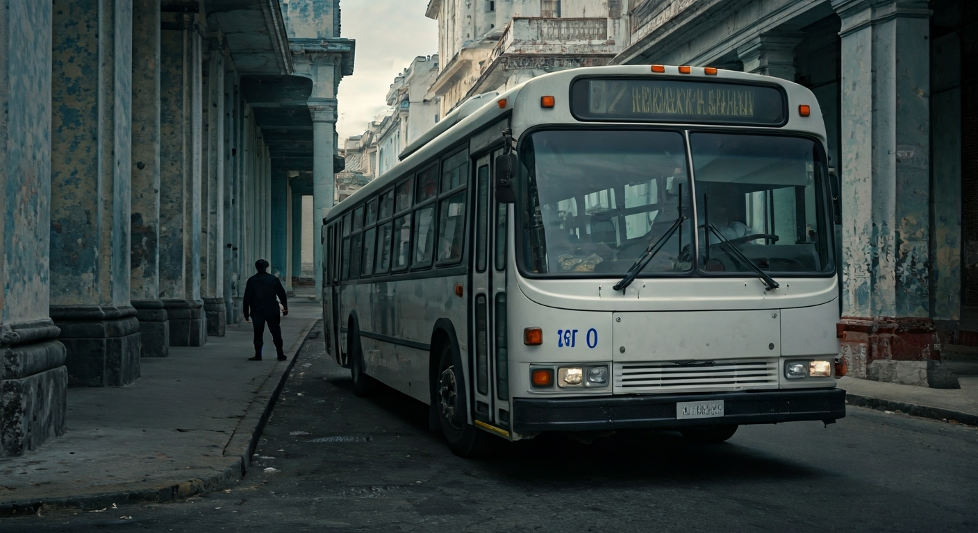 Fotografía conceptual y realista de un ómnibus público de La Habana lleno de pasajeros, con un conductor determinado llevando el autobús hacia una comisaría de policía visible en la distancia, simbolizando una acción drástica contra el robo. Estilo cinematográfico, alta definición.